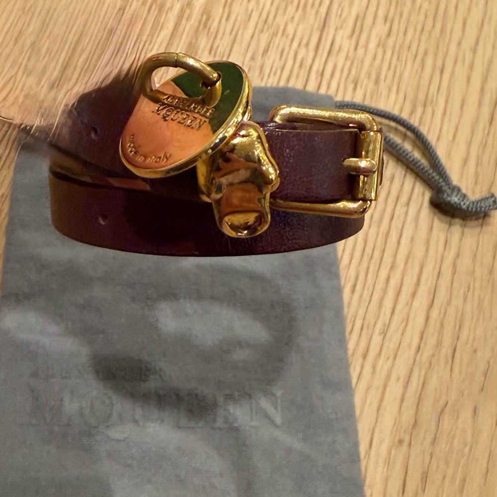 Alexander McQueen Burgundy Brown Double WrLeather Bracelet with Gold Skull Charm